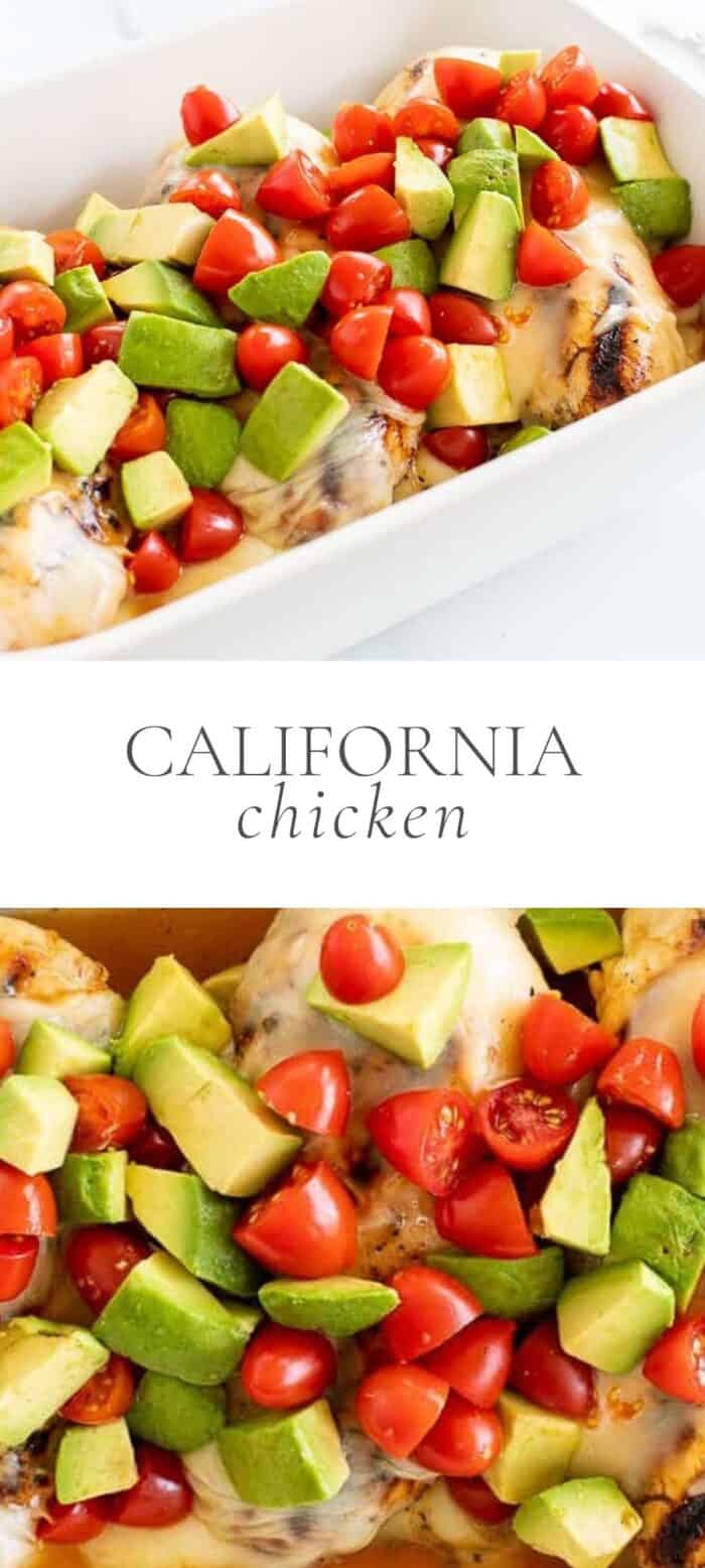 California chicken in dish, overlay text, close up of California chicken