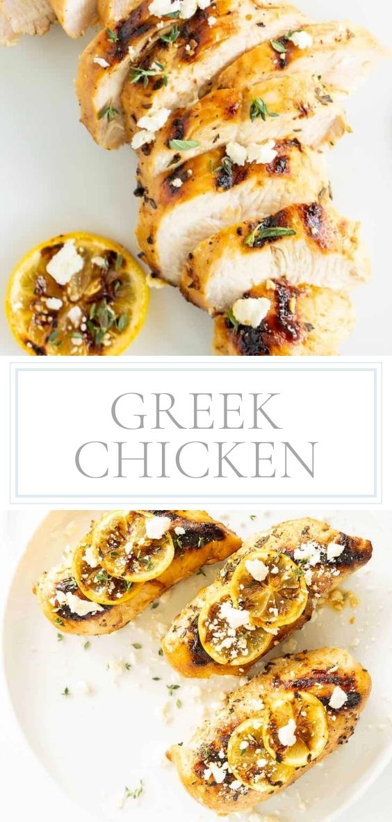 greek chicken with lemon slices and feta, overlay text, close up of sliced greek chicken.