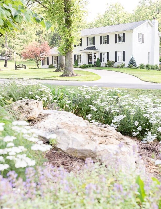 A colonial brick house painted in Benjamin Moore Simply White, flowers in the foreground of image.