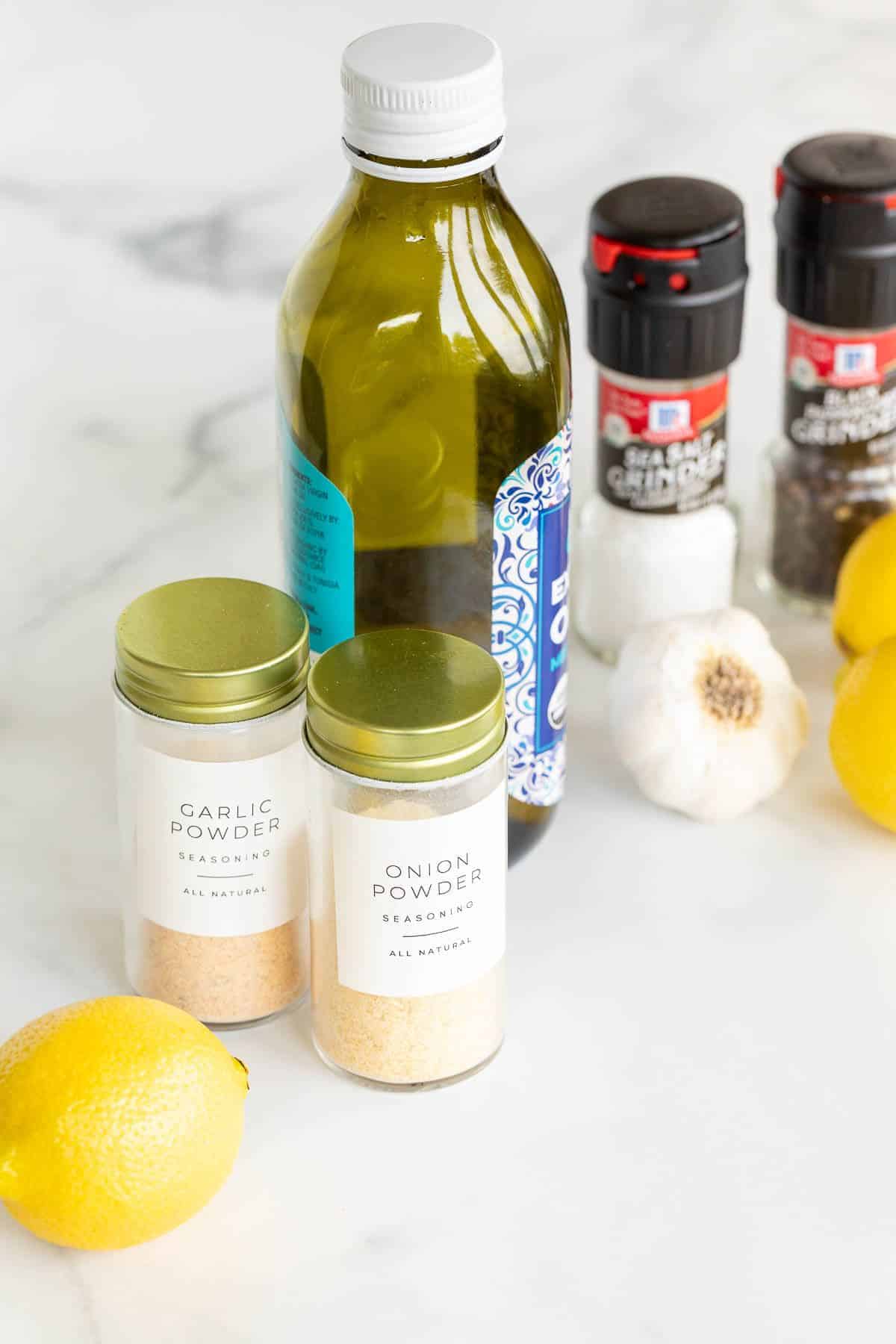 Ingredients for California chicken marinade on a white marble surface.