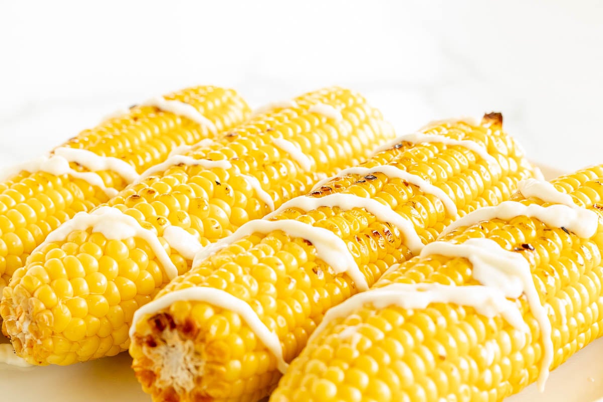 Elote (Mexican corn on the cob) drizzled with crema on a white plate.