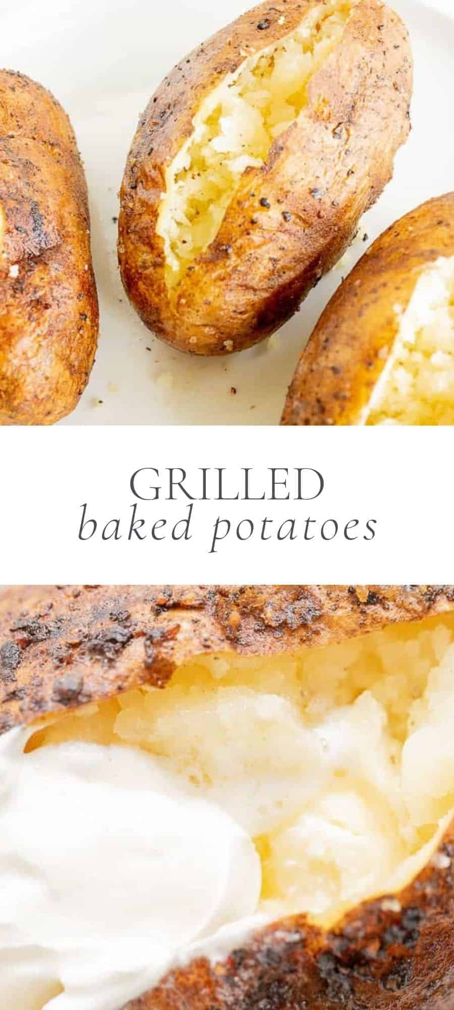 grilled baked potatoes on countertop, overlay text, close up of grilled potato with butter