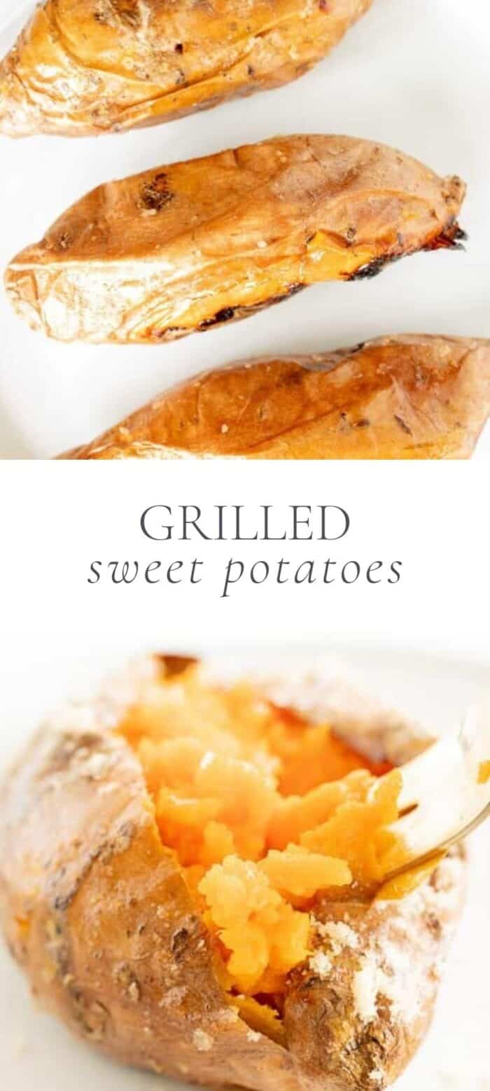 grilled sweet potatoes, overlay text, close up of grilled sweet potatoes with fork