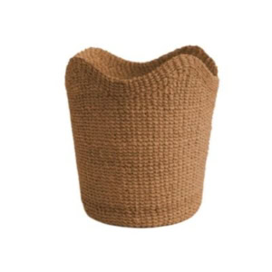A brown, woven basket with a wavy, uneven rim, displayed against a plain white background—perfect as unique bookshelf decor.