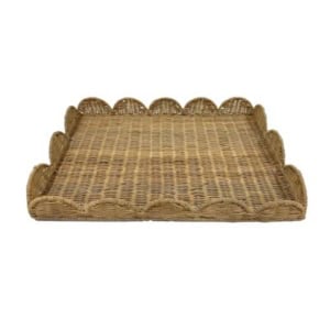 Rectangular woven wicker tray with scalloped edges on all sides, perfect for bookshelf decor, shown from the front against a white background.