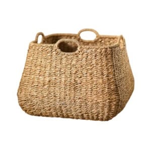 Square woven basket with natural fiber texture, featuring two oval handles on opposite sides. With slightly rounded corners and a wide opening at the top, it's perfect for bookshelf decor or organizing small essentials.