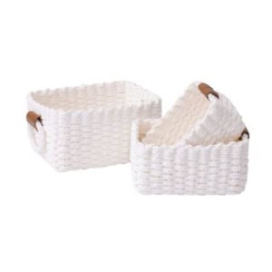 Two white rectangular woven storage baskets with brown handles, one nested inside the other, perfect for bookshelf decor, on a plain white background.