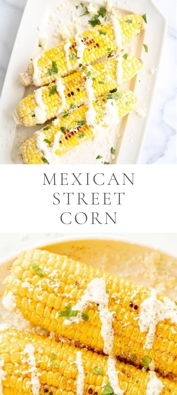 corn on the cob with mayonnaise, lime juice, cotija cheese (or queso fresco) and garlic.