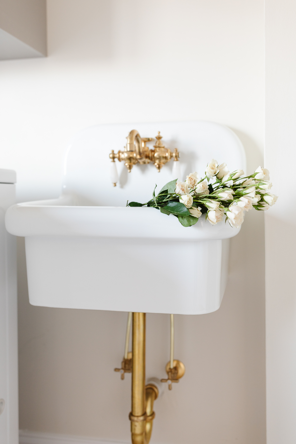 A white ceramic wall mounted sink with brass hardware. 
