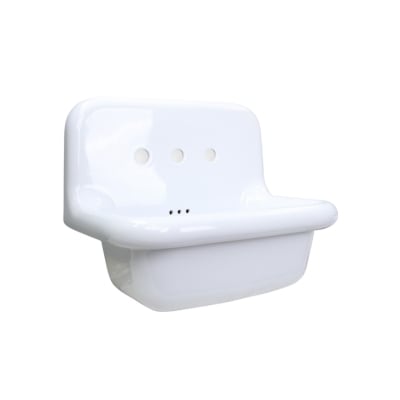 a white wall mounted sink against a white background.