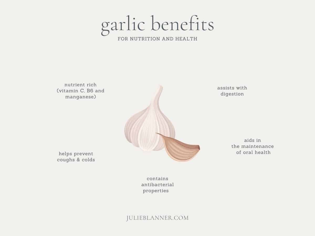 A graphic with an image of garlic and surrounding text listing the benefits of garlic.