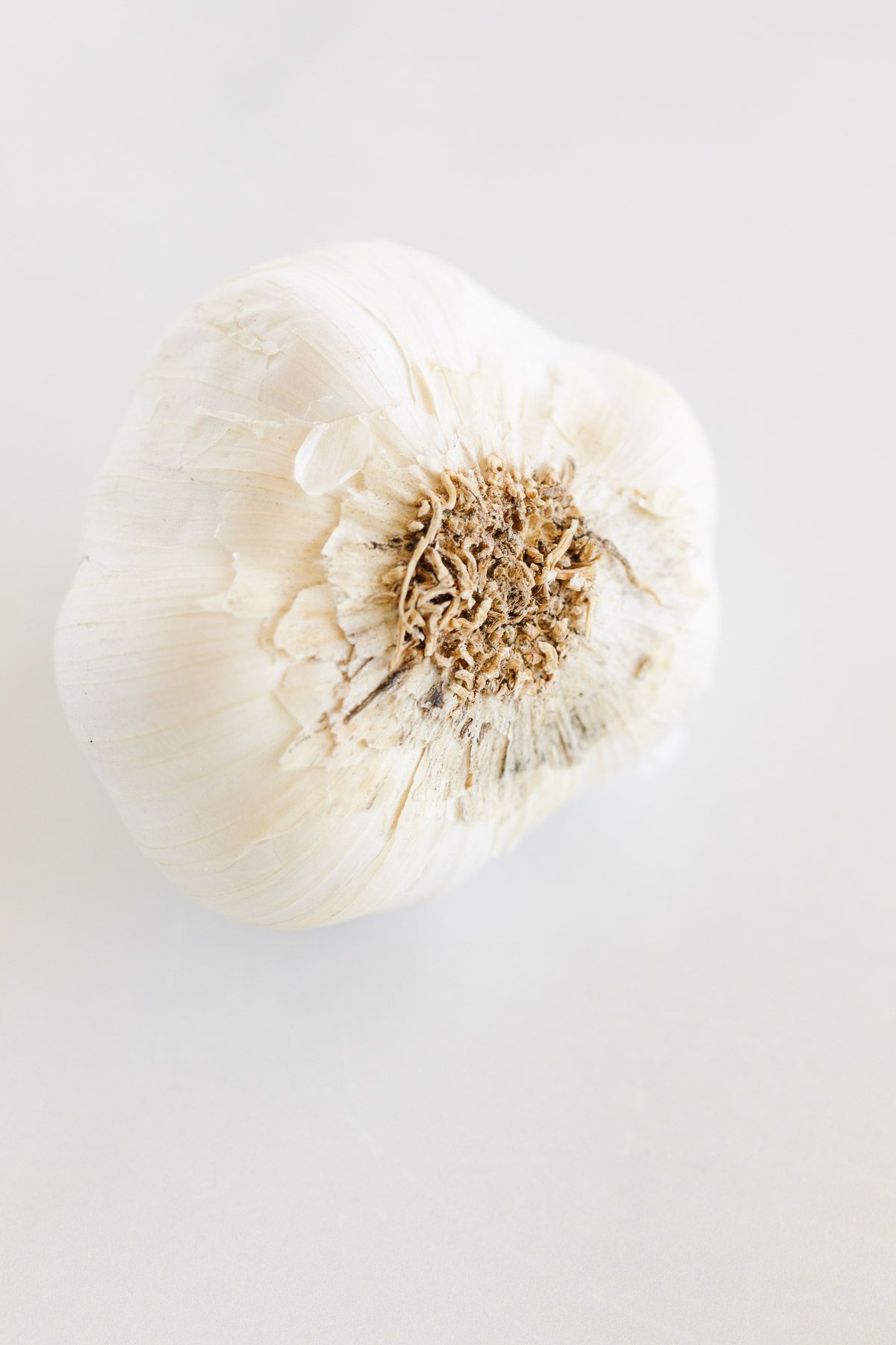 A clove of garlic on a marble countertop.