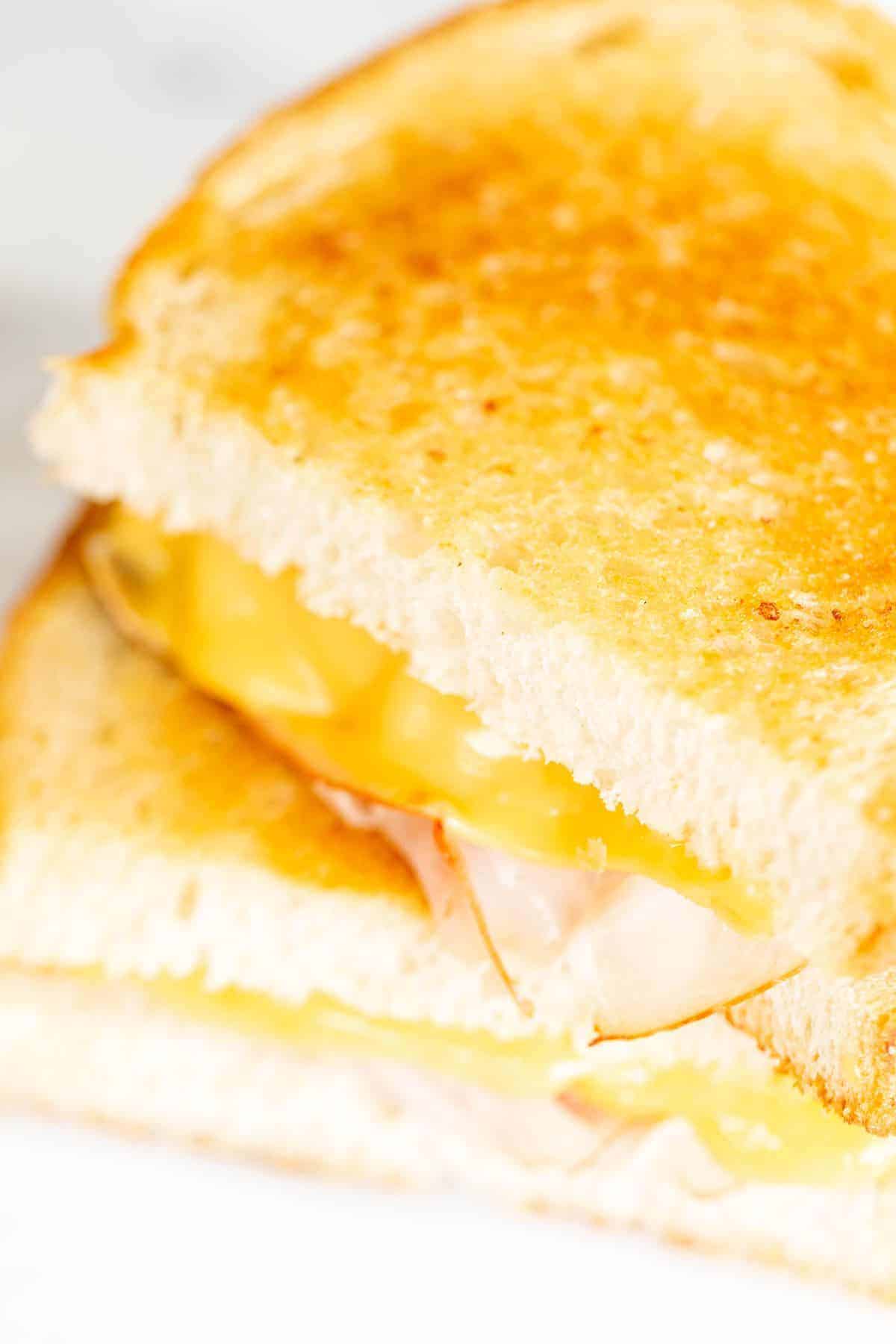 sliced grilled ham and cheese on white bread.