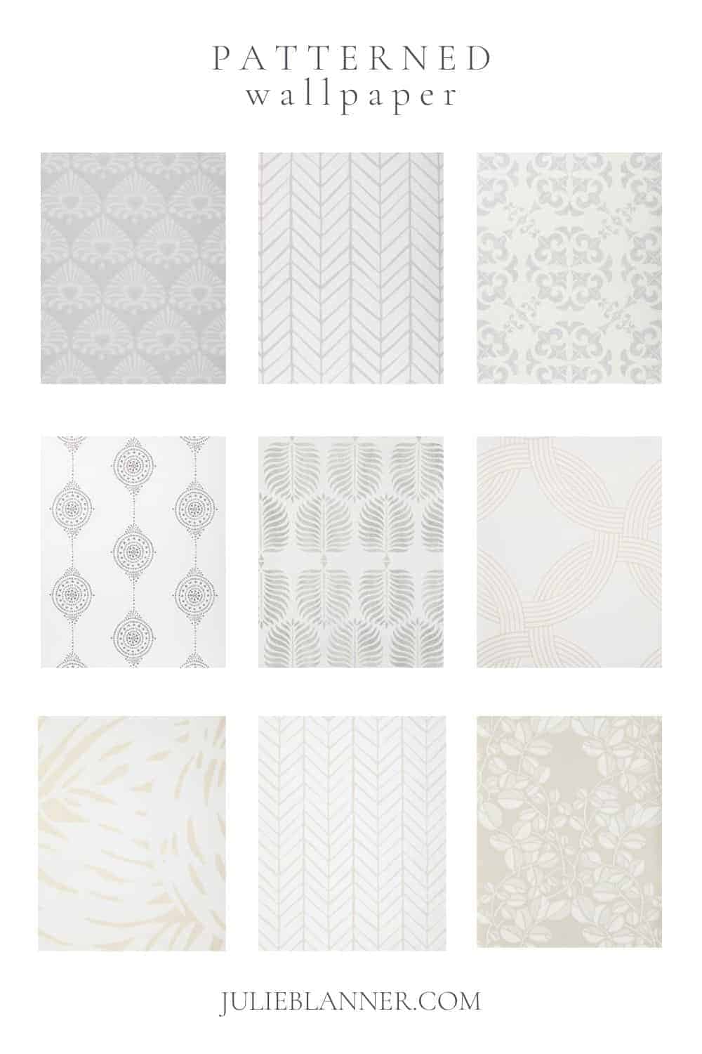 A collage of neutral patterned Serena and Lily wallpapers, with text at the top that reads Patterned Wallpaper.