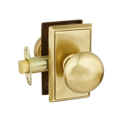 a brass door knob on a rectangular brass door plate