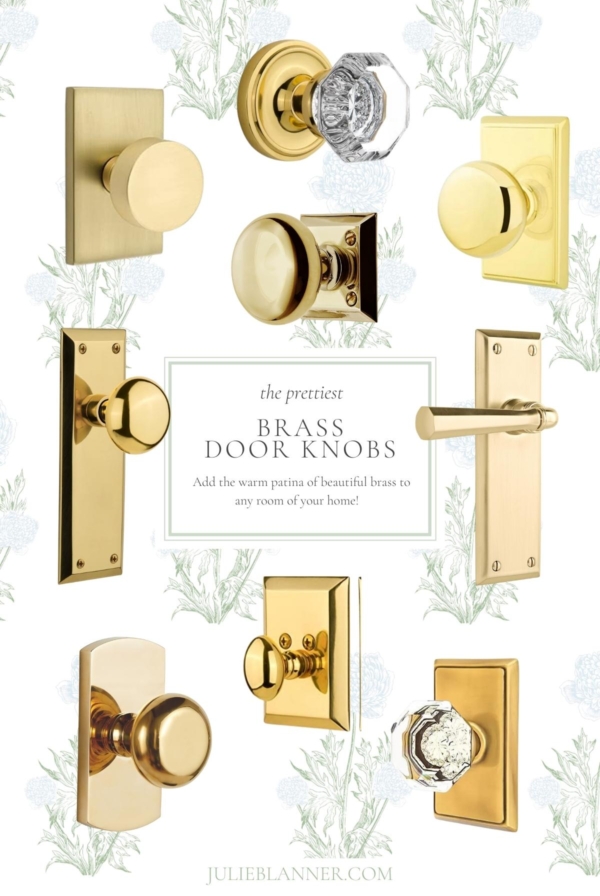 A graphic image with a compilation of a variety of brass door knobs.