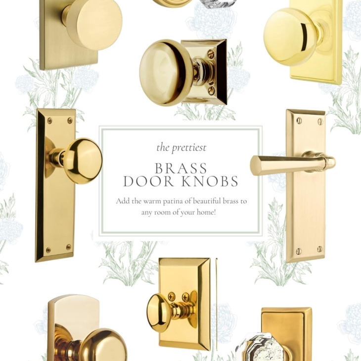 A graphic image with a compilation of a variety of brass door knobs.