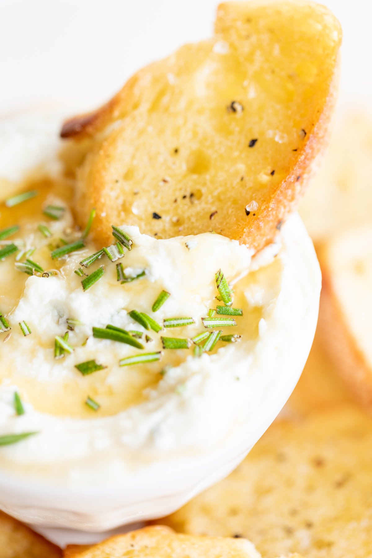 Close-up of creamy dip topped with chopped herbs and a toasted bread slice, surrounded by crostini for the perfect appetizer spread.