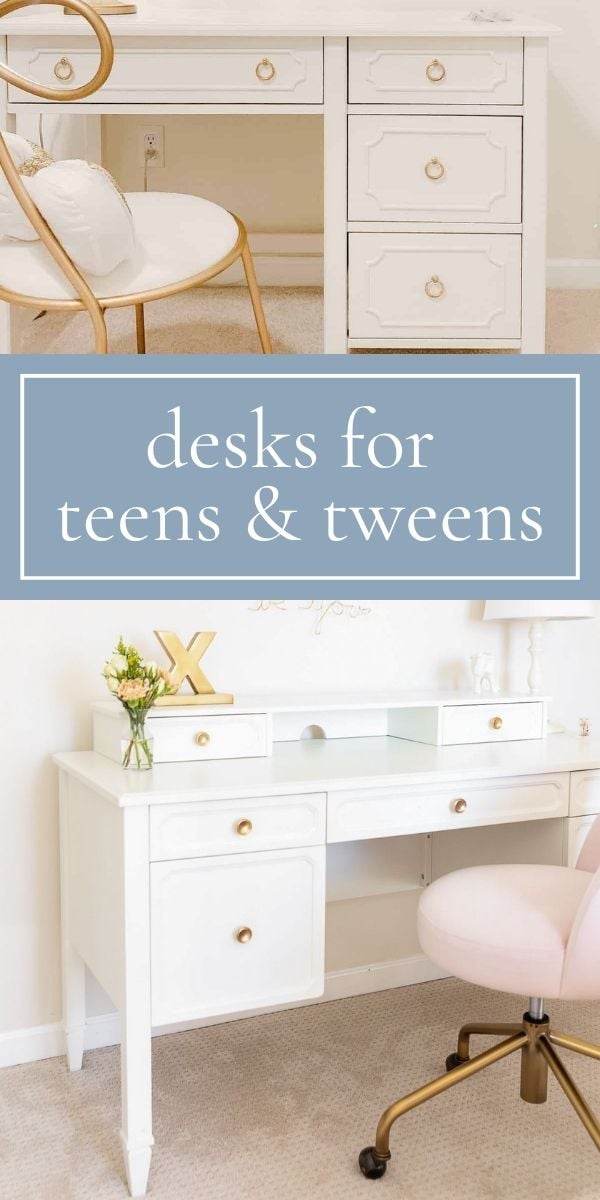 Two white desks with gold accents and matching chairs are shown in a bright room; text in the middle reads “desks for teenagers, teens & tweens.”.
