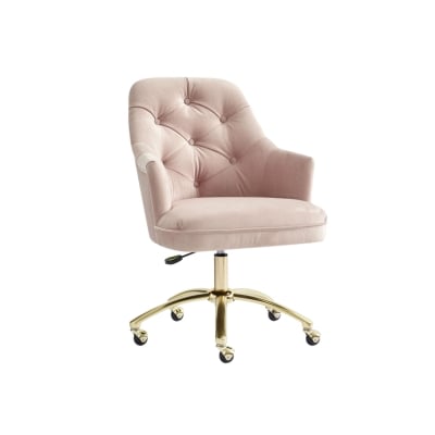 a pink rolling desk chair from Pottery Barn