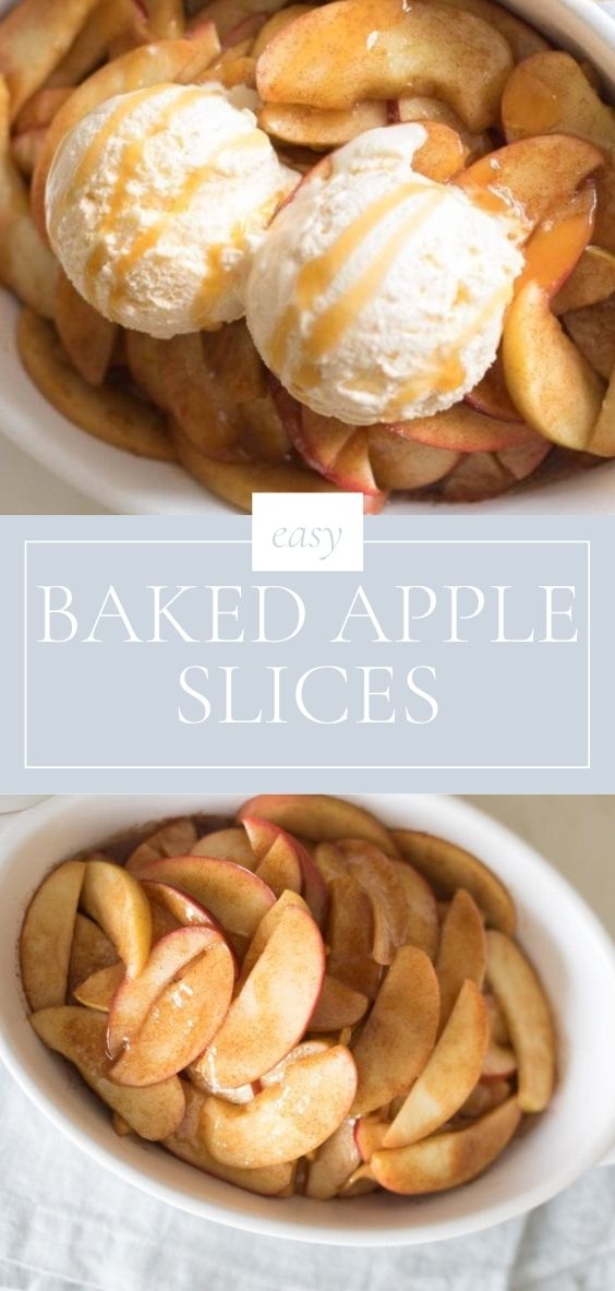 baked apple slices in a white baking dish