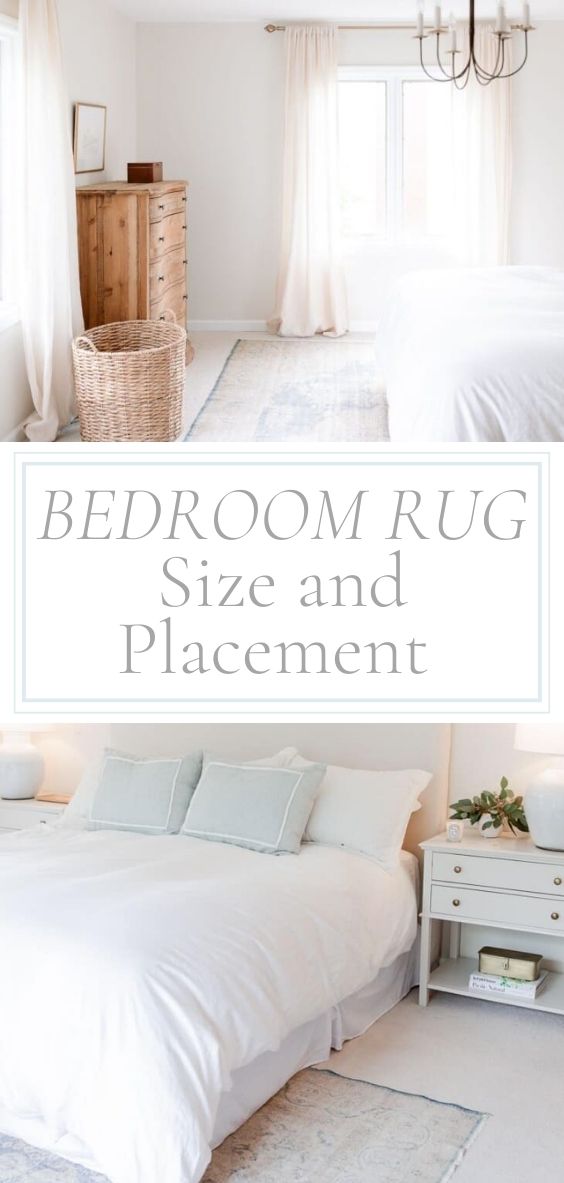 Title page picturing A white bedroom with a bedroom rug placement of a vintage rug under the bed.