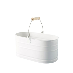 white cleaning caddy with wood handle