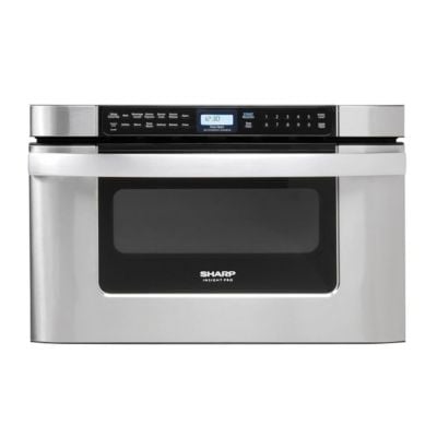 A stainless steel microwave drawer by Sharp featuring a digital display and control panel above the pull-out door, combining style and convenience for modern kitchens.