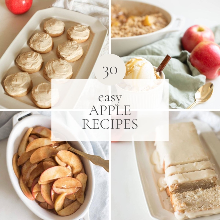 A graphic featuring four images of various apple recipes. Headline in the center reads