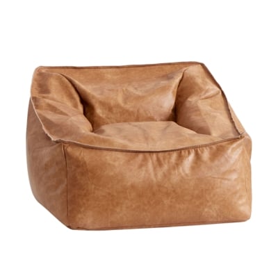A caramel colored vegan leather bean bag chair