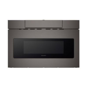 Front view of a modern stainless steel microwave drawer with a large black glass door, designed for seamless under counter installation and featuring an intuitive top control panel.