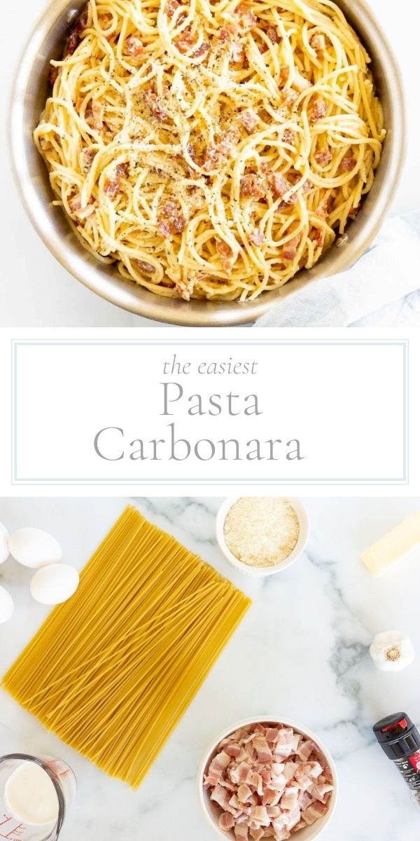 Top photo in post is a silver pot of pasta carbonara. The bottom photo is a layout of ingredients for pasta carbonara.