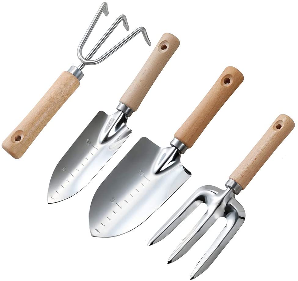 hand fork hand rake and trowels with wooden handles