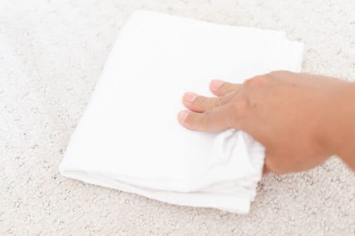 A hand holding a white towel to blot a stain from a light patterned carpet.