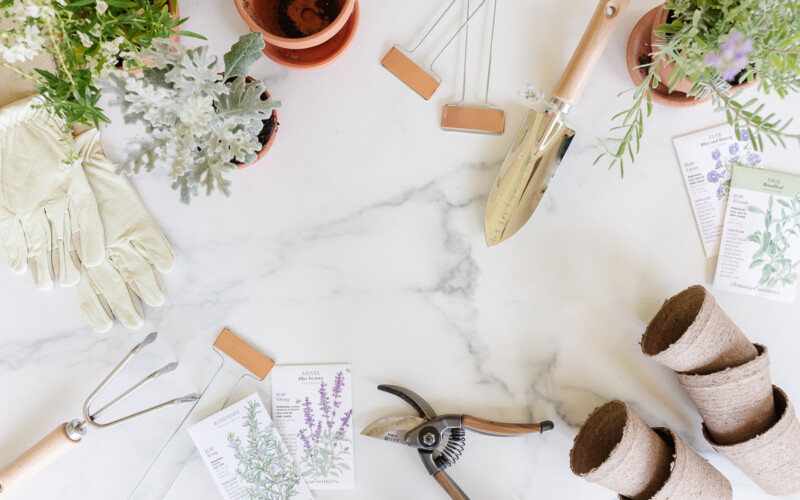 array of gardening tools and accessories on marble