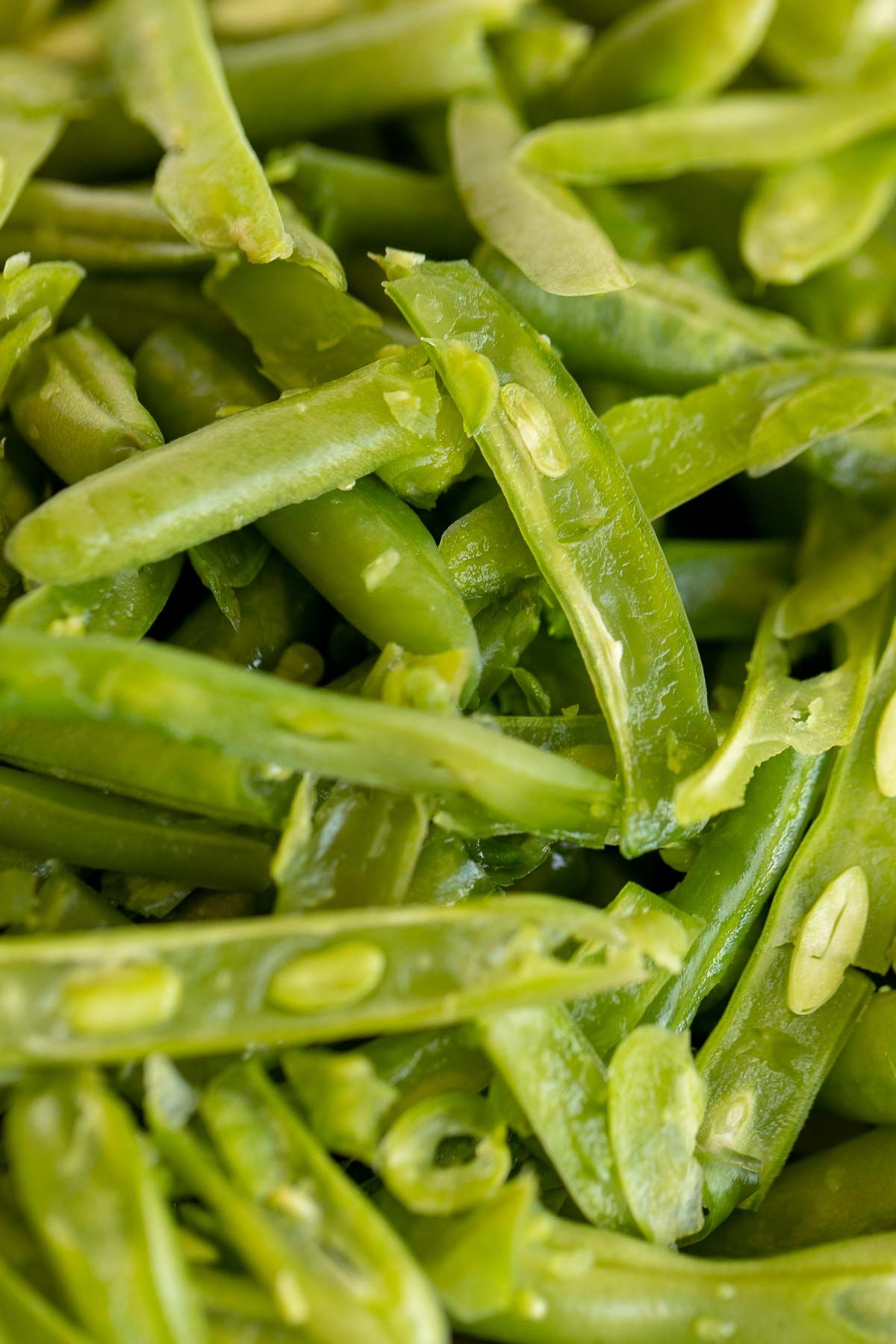 A close up of French cut green beans.