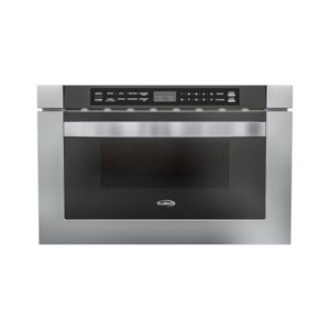 A stainless steel microwave drawer with a digital control panel and a dark glass door blends seamlessly into your kitchen for modern convenience.