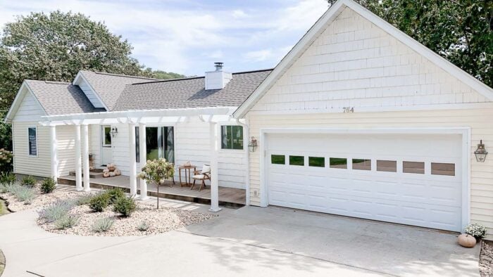 limelight hydrangea tree in landscaping for white ranch home