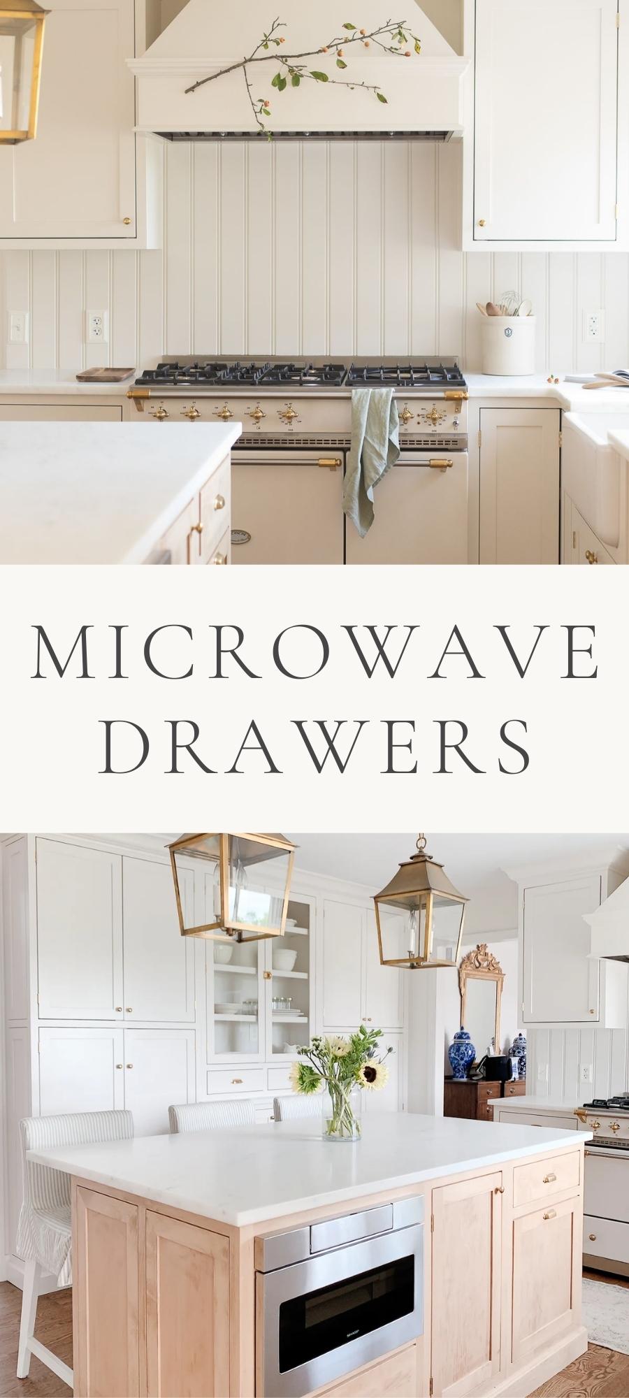 kitchen with brass lanterns and microwave drawers