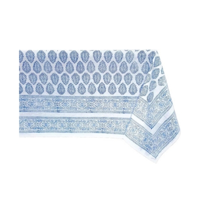 blue and white block print tablecloth