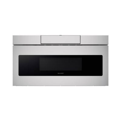 Front view of a stainless steel Sharp microwave drawer with a black glass window and control panel, designed for seamless under counter microwave installation.