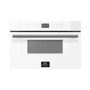 Front view of a white Forno drawer microwave oven with a digital control panel and a horizontal handle, designed for seamless under counter microwave installation.