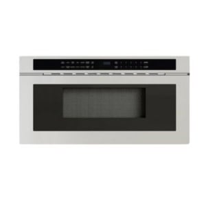 Front view of a stainless steel under counter microwave oven with a digital control panel above the door, ideal for seamless kitchen integration.