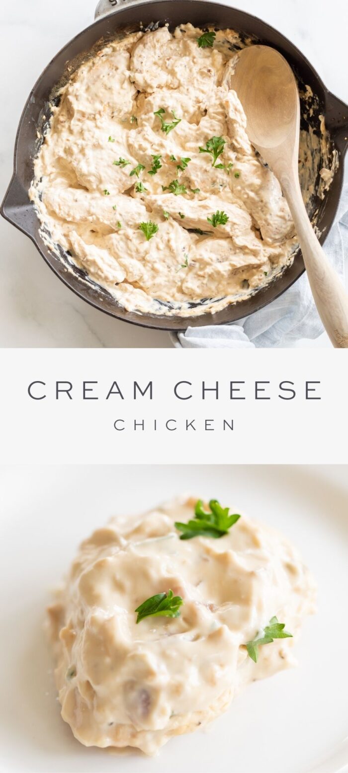 skillet and close up of cream cheese chicken dish
