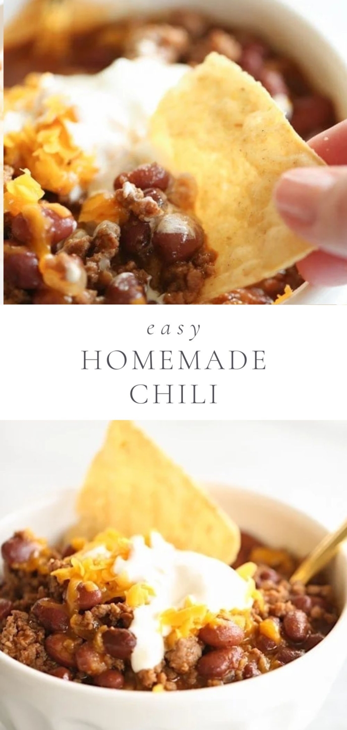 Two pictures of homemade chili in a bowl with text between