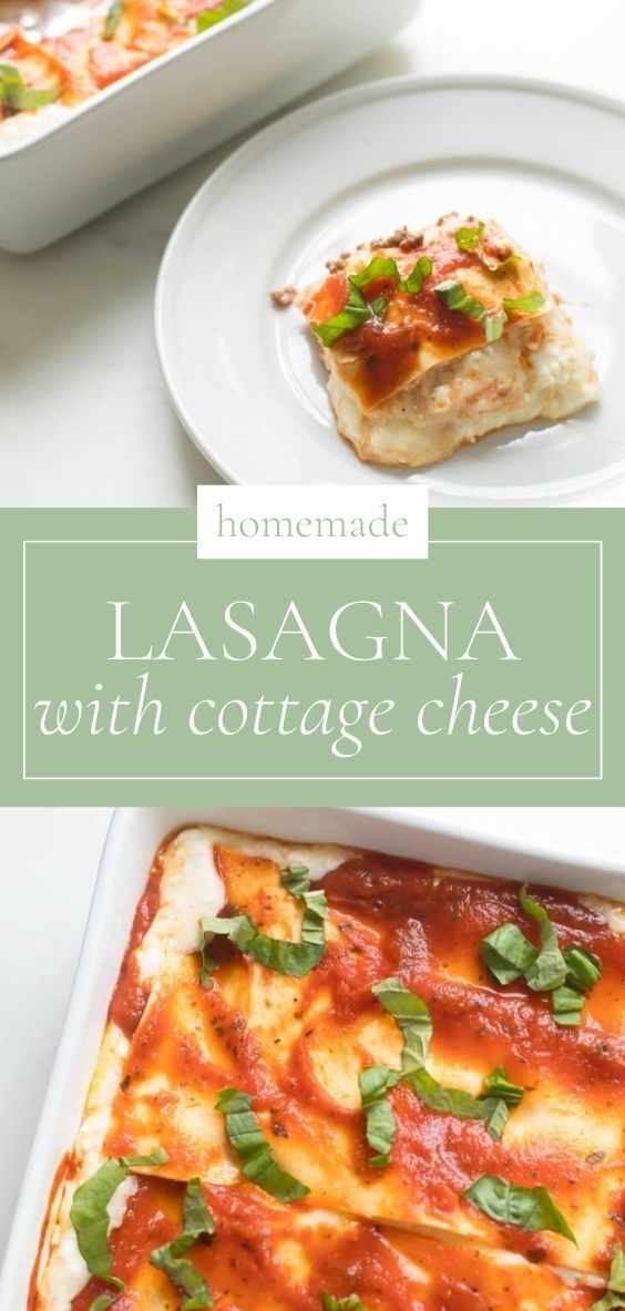 Lasagna with cottage cheese is pictured on a round white plate and in a square white baking dish.