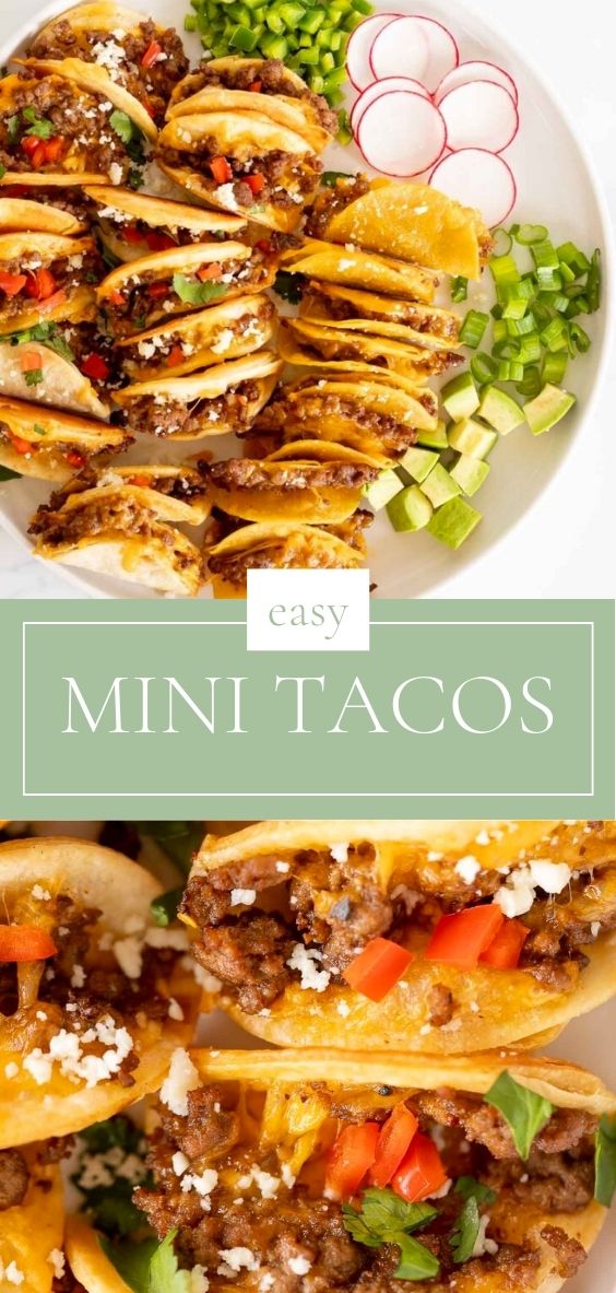 Mini tacos are pictured on a round white platter with several toppings like avocado, pepeprs, onions, cilantro, and cheese.