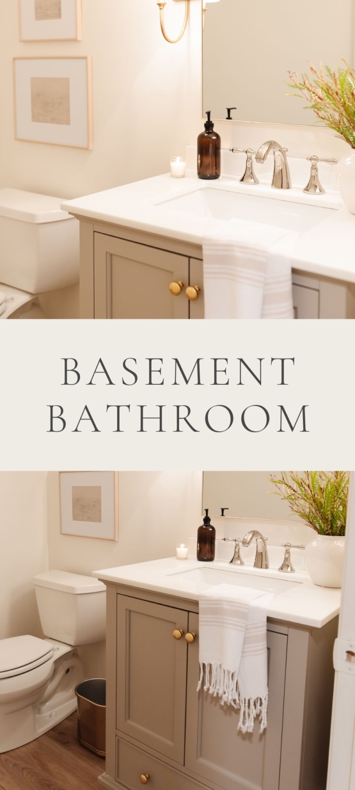 greige bathroom vanity with soap bottle toilet and wall art and hand towel with caption "basement bathroom"