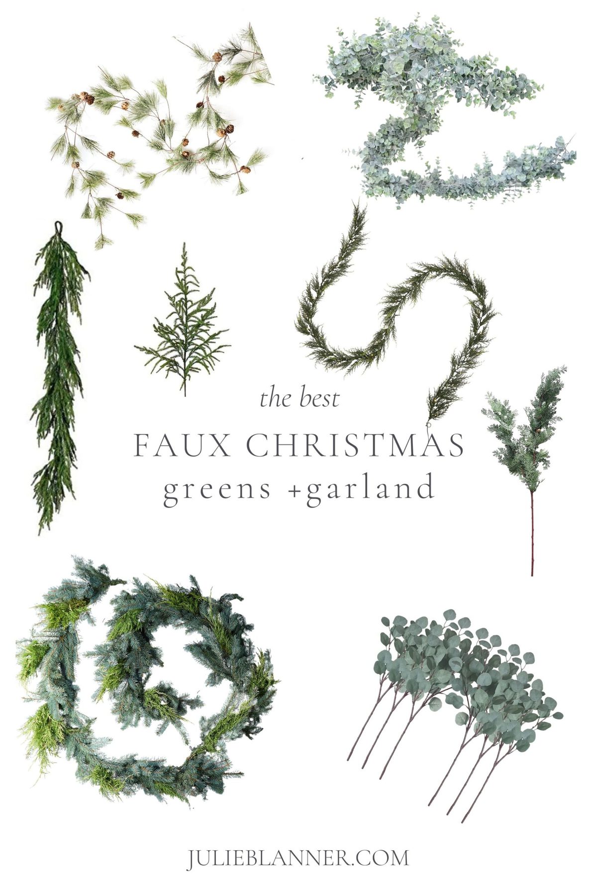 a graphic with a white background and images of Christmas greens and greenery garlands