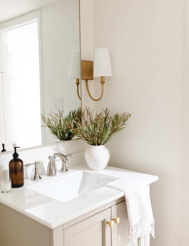 A bathroom with greige paint color on walls and vanity